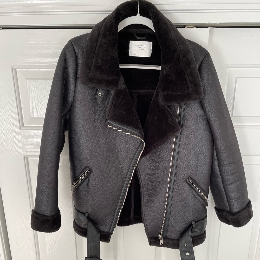 Zara Double Face Faux Leather and Shearling Jacket
